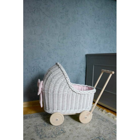 Pleten voziček za punčke - belo-roza