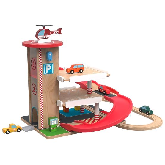 2Kids Toys Lesena garaža z železniško progo