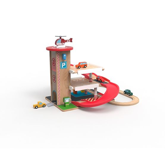 2Kids Toys Lesena garaža z železniško progo
