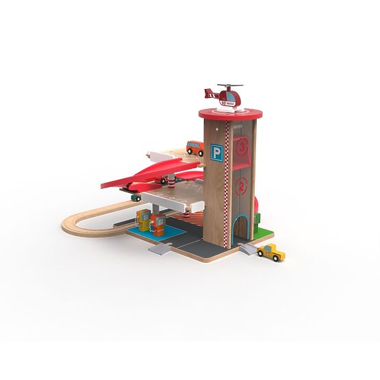 2Kids Toys Lesena garaža z železniško progo