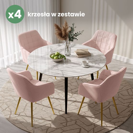 4x Oblazinjeni stol s kvadratnim prešitjem Puder Roza LUXANO Zlate noge
