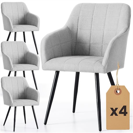 4x Oblazinjeni stol s kvadratnim prešitjem Svetlo Siva LUXANO Črne noge tkanina Lumos