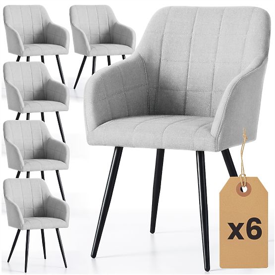 6x Oblazinjeni stol s kvadratnim prešitjem Svetlo Siva LUXANO Črne noge tkanina Lumos