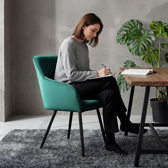 6x Žametni oblazinjeni stol s prešitjem Steklenično Zelena FLORENCE Črne noge