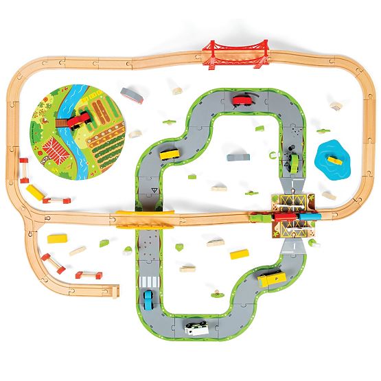 Bigjigs Rail Lesena tirnica za vlak s podeželsko cesto 80 kosov