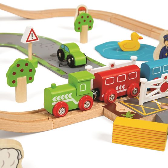 Bigjigs Rail Lesena tirnica za vlak s podeželsko cesto 80 kosov