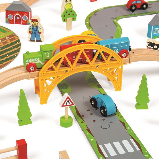 Bigjigs Rail Lesena tirnica za vlak s podeželsko cesto 80 kosov