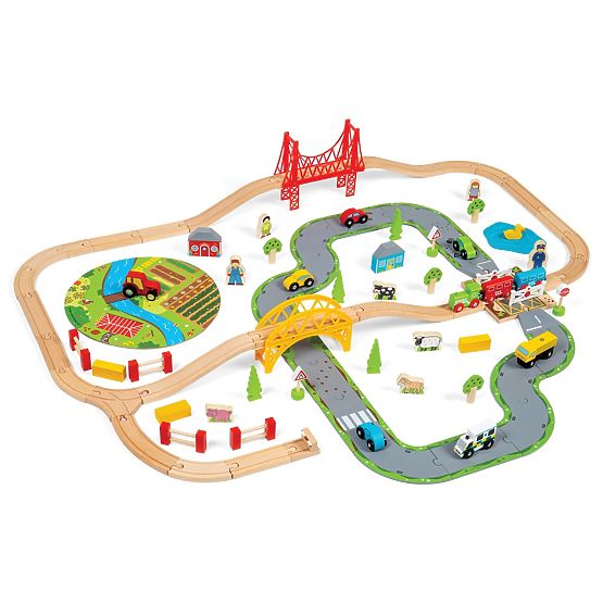 Bigjigs Rail Lesena tirnica za vlak s podeželsko cesto 80 kosov