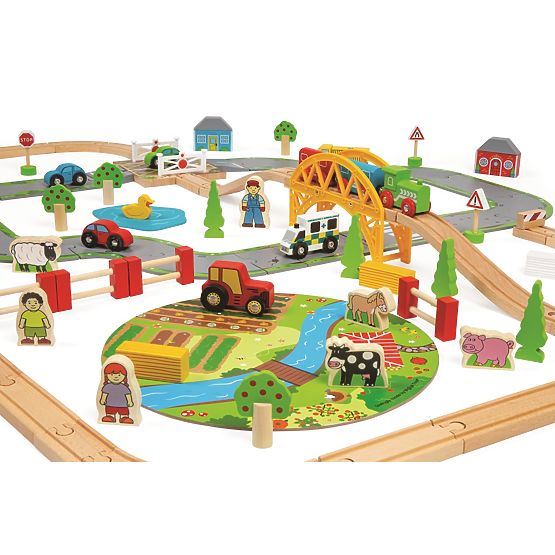 Bigjigs Rail Lesena tirnica za vlak s podeželsko cesto 80 kosov
