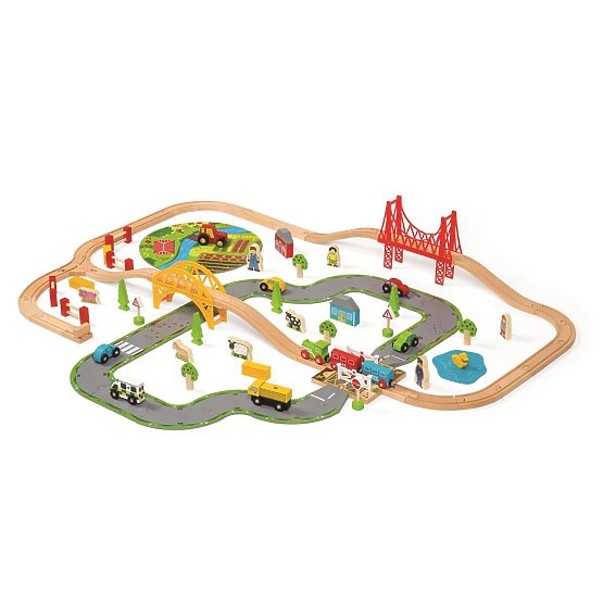 Bigjigs Rail Lesena tirnica za vlak s podeželsko cesto 80 kosov