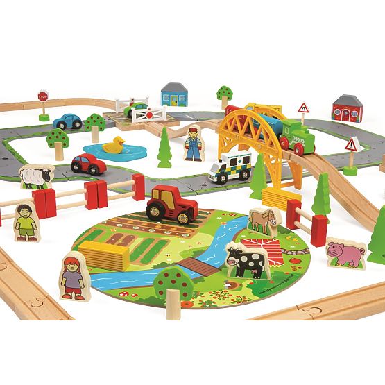 Bigjigs Rail Lesena tirnica za vlak s podeželsko cesto 80 kosov