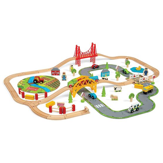 Bigjigs Rail Lesena tirnica za vlak s podeželsko cesto 80 kosov