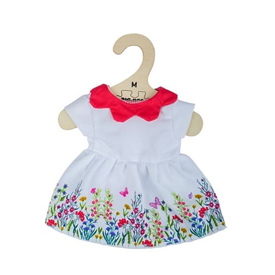 Bigjigs Toys Bele cvetlične obleke z rdečim ovratnikom za punčko 34 cm