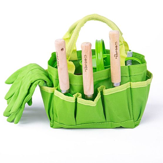 Bigjigs Toys Garnitura vrtnega orodja v platneni torbi zelene barve