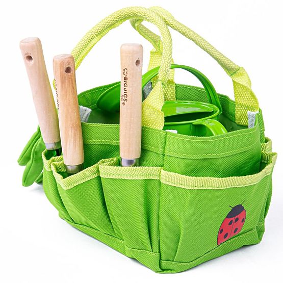 Bigjigs Toys Garnitura vrtnega orodja v platneni torbi zelene barve