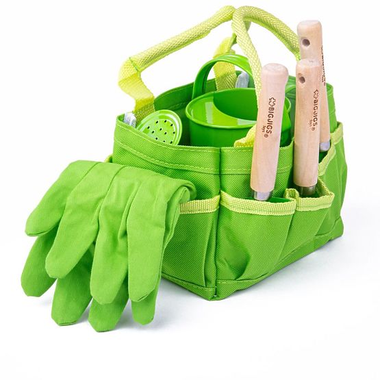 Bigjigs Toys Garnitura vrtnega orodja v platneni torbi zelene barve