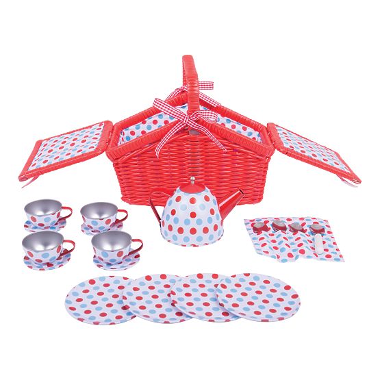 Bigjigs Toys Piknik komplet čajnega servisa s pikami v košari