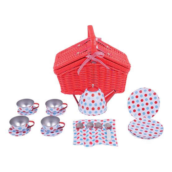 Bigjigs Toys Piknik komplet čajnega servisa s pikami v košari