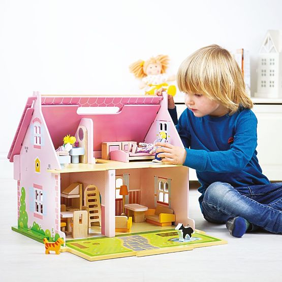 Bigjigs Toys Prenosna lesena hiška za punčke