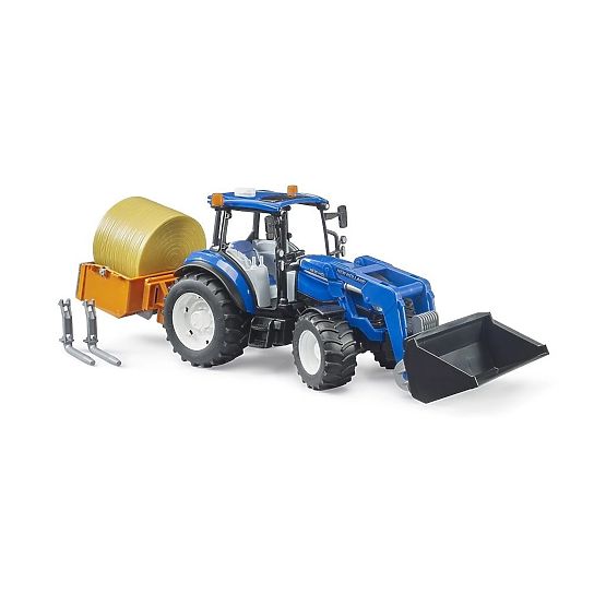 Bruder traktor New Holland T5.120 s čelnim nakladačem, prikolico, vilicami in okroglim balom