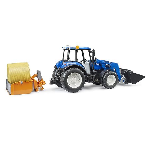 Bruder traktor New Holland T5.120 s čelnim nakladačem, prikolico, vilicami in okroglim balom