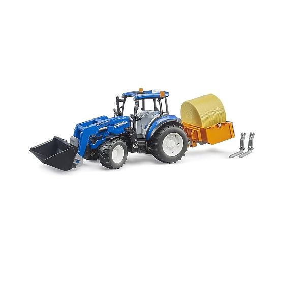 Bruder traktor New Holland T5.120 s čelnim nakladačem, prikolico, vilicami in okroglim balom
