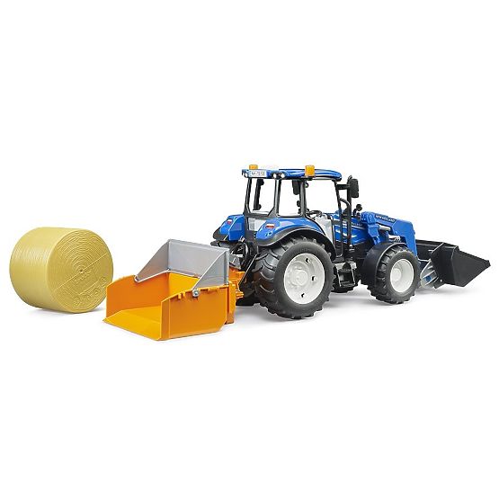 Bruder traktor New Holland T5.120 s čelnim nakladačem, prikolico, vilicami in okroglim balom