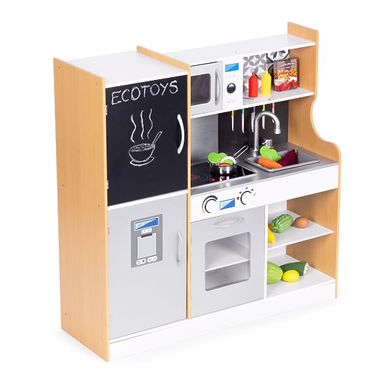 Otroška kuhinja z zvokom in LED tabla kreda kovinski dodatki MDF +3 leta ECOTOYS