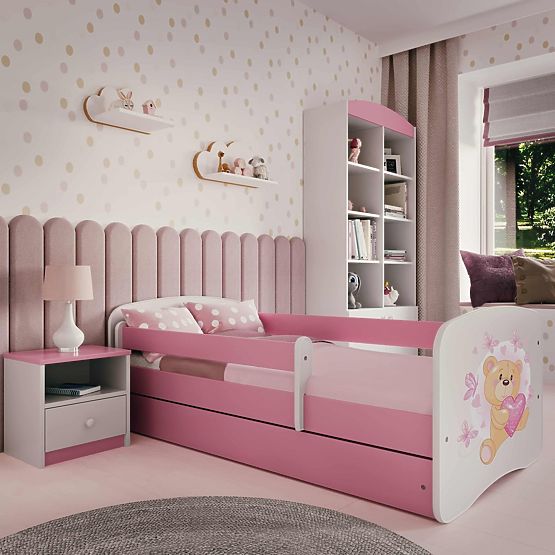 Otroška postelja z ograjo Ourbaby - Medvedek - rožnata