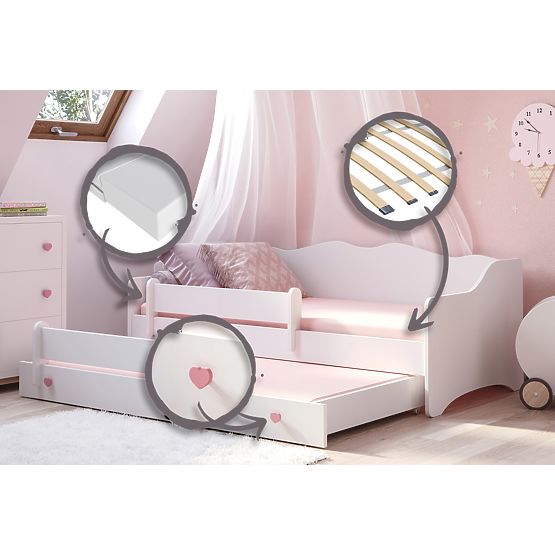 Francoska postelja EMMA z predalom in zaščito 160x80 roza ročaj