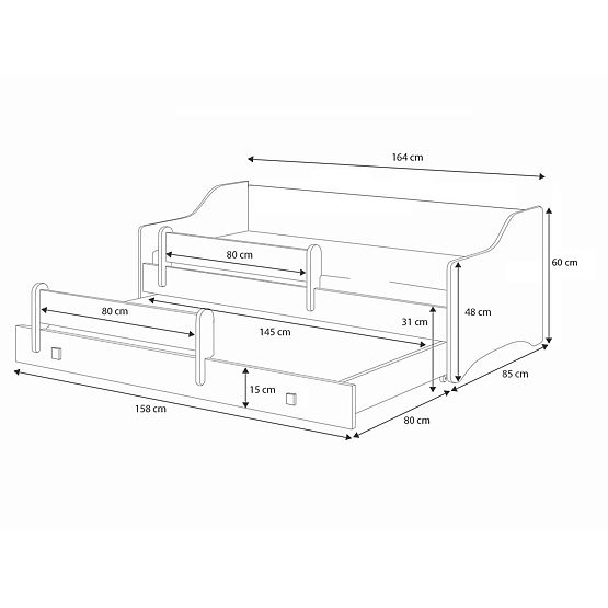 Francoska postelja ERYK s predalom in zaščitno ograjo 160x80 črna ročaj