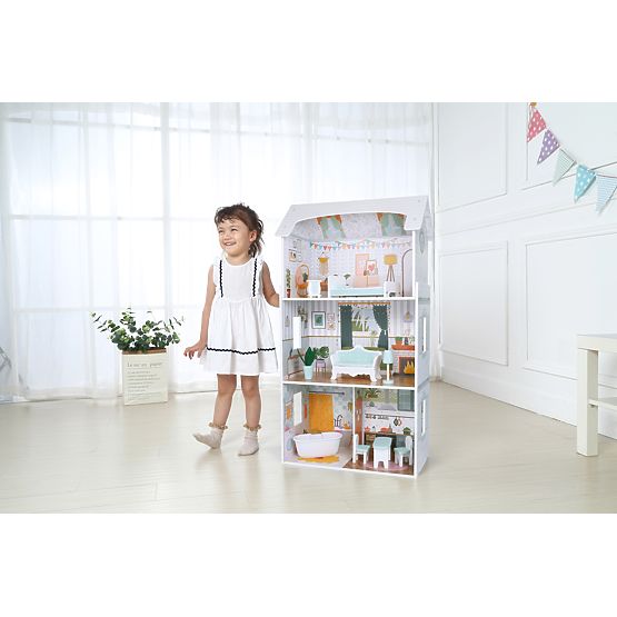 Hiška za punčke Alice 3 nadstropja 4 sobe set 9 pohištva ECOTOYS
