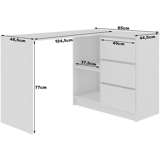 KOTNI PISALNA MIZA B16 124 cm DESNA 3 PREDALI PK BELA / BELI LESK