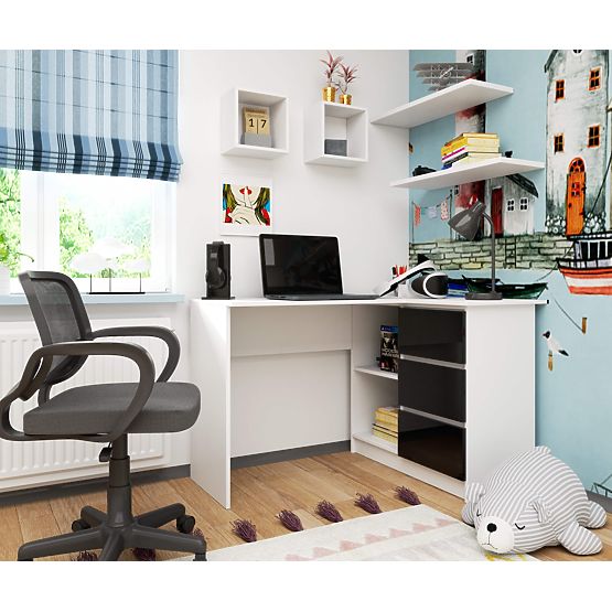 KOTNI PISALNA MIZA B16 124 cm DESNA 3 PREDALI PK BELA / ČRNA VISOKI SIJAJ