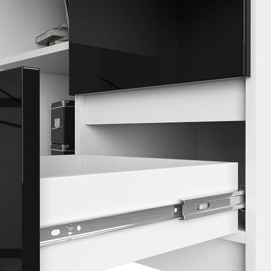 KOTNI PISALNA MIZA B16 124 cm DESNA 3 PREDALI PK BELA / ČRNA VISOKI SIJAJ