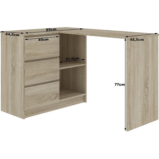 KOTNI PISALNA MIZA B16 124 cm LEVA 3 PREDALI HRAST SONOMA / BELA