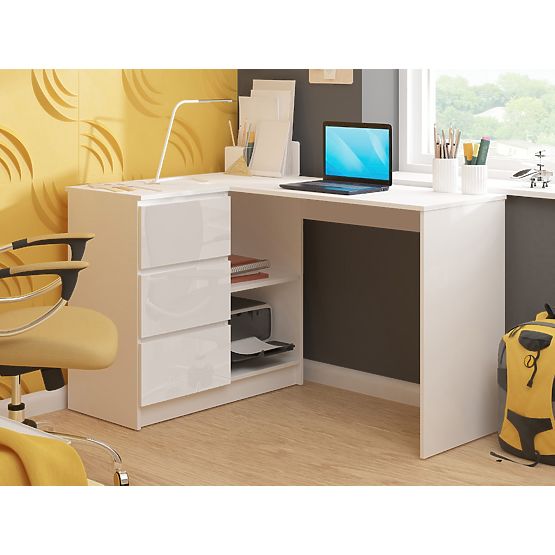 KOTNI PISALNA MIZA B16 124 cm LEVA 3 PREDALI PK BELA / BELI SIJAJ