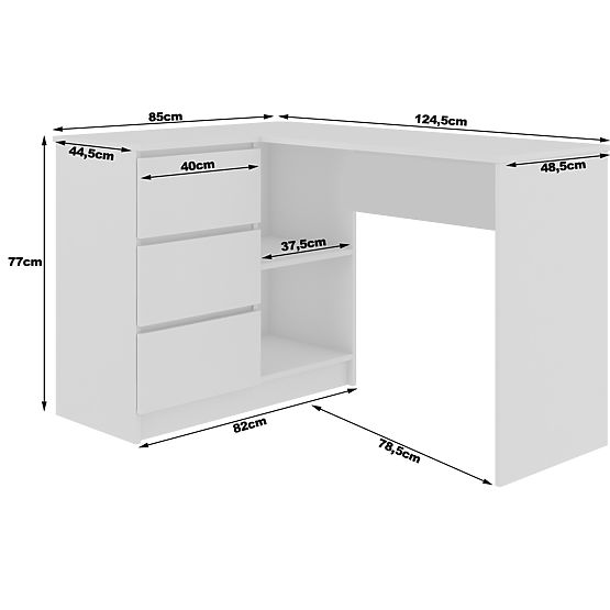 KOTNIŠKA PISALNA MIZA B16 124 cm LEVA 3 PREDALI PK BELA / SONOMA