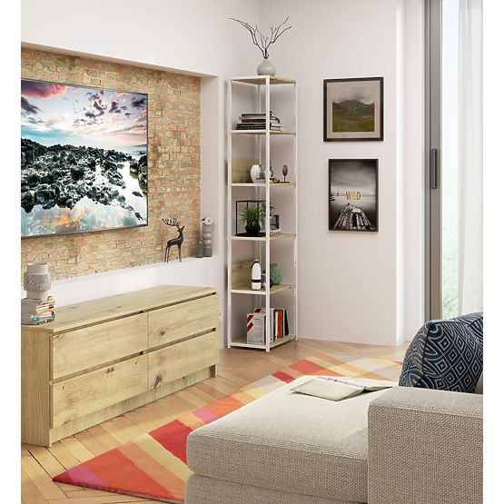 Kovinski loft regal 50 cm - belo-hrast artisan - 6 polic