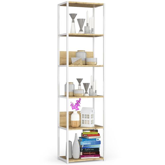 Kovinski loft regal 50 cm - belo-hrast artisan - 6 polic
