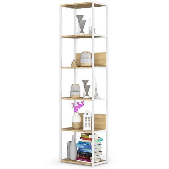 Kovinski loft regal 50 cm - belo-hrast artisan - 6 polic