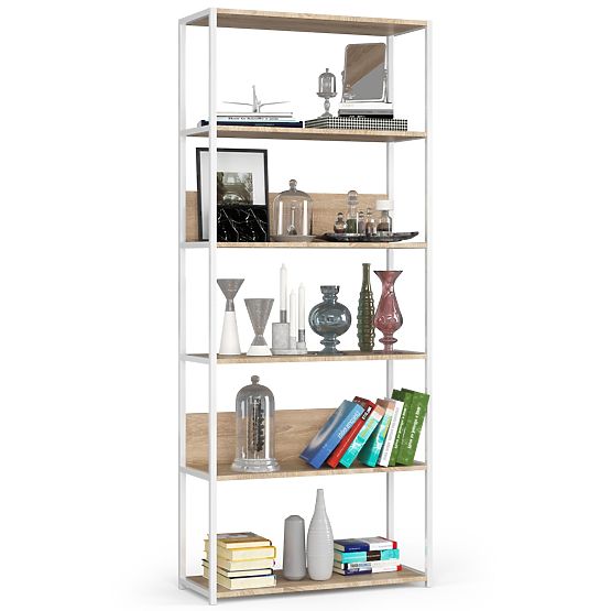 Kovinski loft regal 80 cm - bela-hrast sonoma - 6 polic