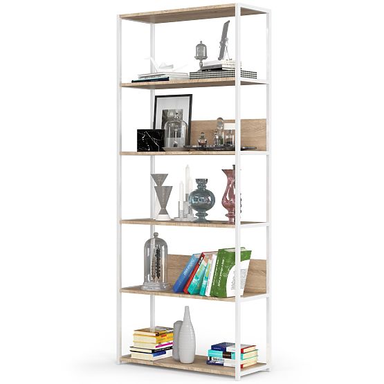 Kovinski loft regal 80 cm - bela-hrast sonoma - 6 polic