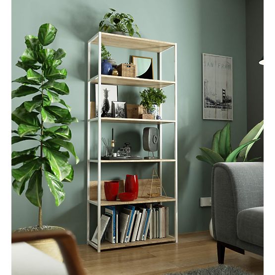 Kovinski loft regal 80 cm - bela-hrast sonoma - 6 polic
