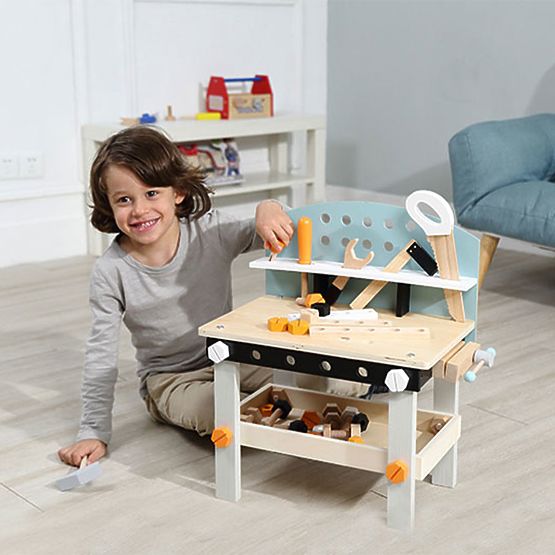Lesena delavnica za otroke, delovna miza z orodji, 38 elementov ECOTOYS