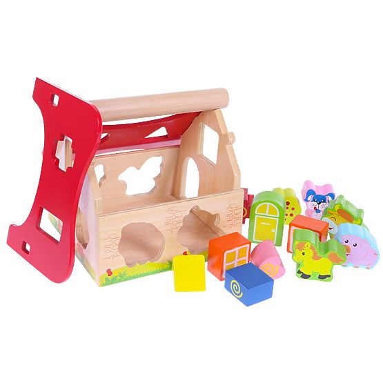 Lesena hiška, kmetija sortirnik s kockami ECOTOYS
