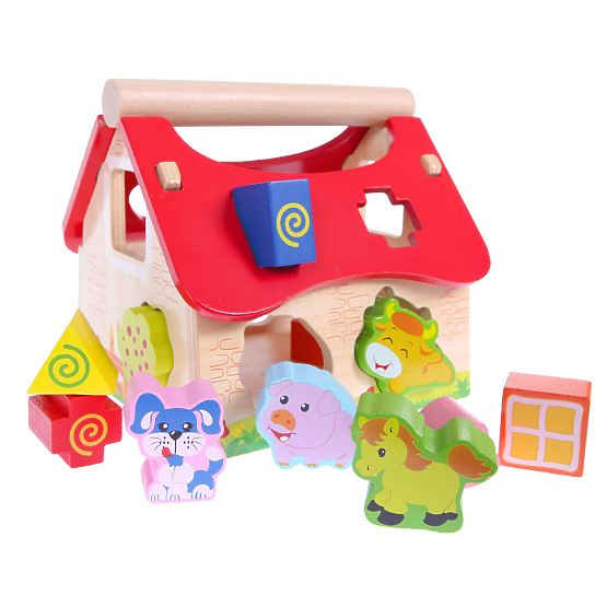 Lesena hiška, kmetija sortirnik s kockami ECOTOYS