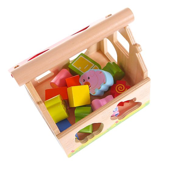 Lesena hiška, kmetija sortirnik s kockami ECOTOYS