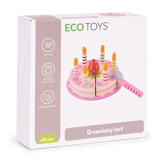Lesena tortna garnitura na ježka svečke jagoda za otroke 15 elementov ECOTOYS