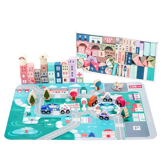 Lesene izobraževalne kocke mesto s podlogo 115 kosov ECOTOYS